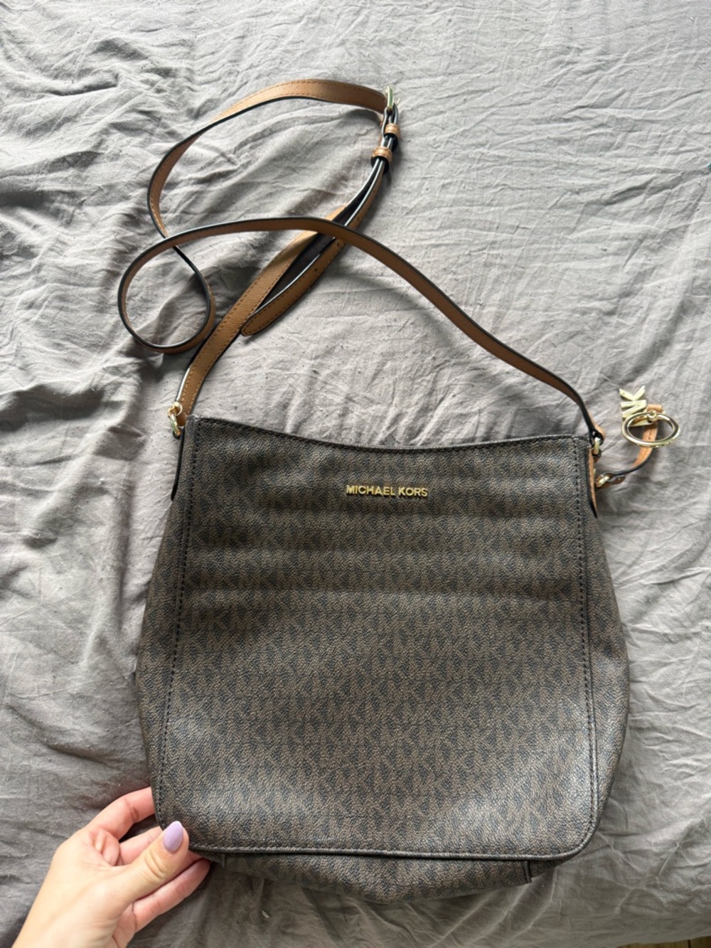 Michael Kors Brown Logo-Print Crossbody Bag with Gold Hardware